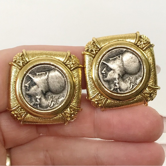 1928 Ancient Coins Framed Roman Greek Mixed Metal Gold Silver Clip On Earrings - Picture 1 of 13